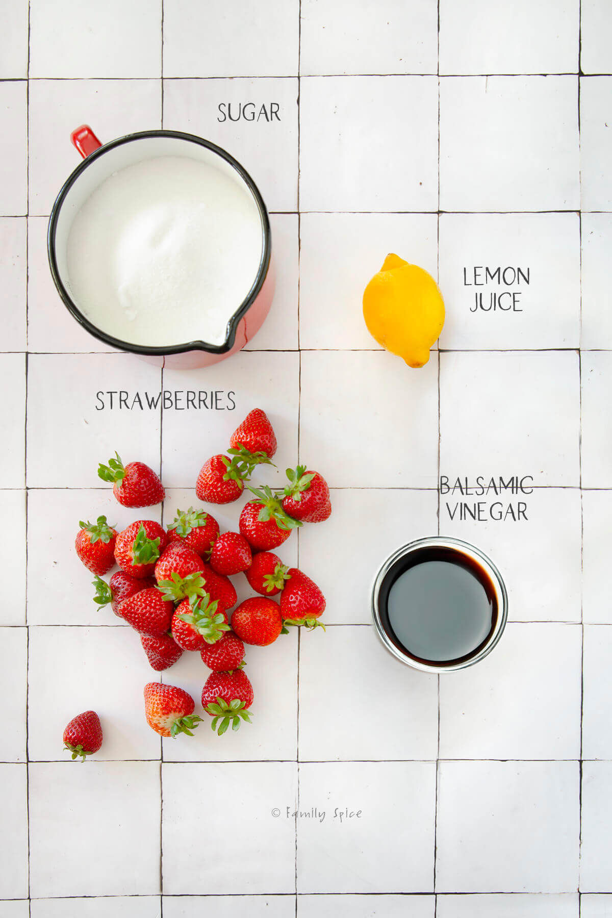 ingredients labeled and needed to make strawberry jam with balsamic vinegar