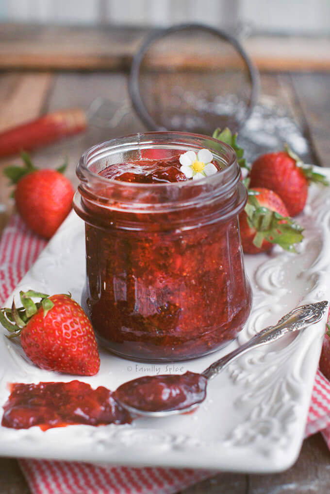A jar full of strawberry balsamic jam by FamilySpice.com