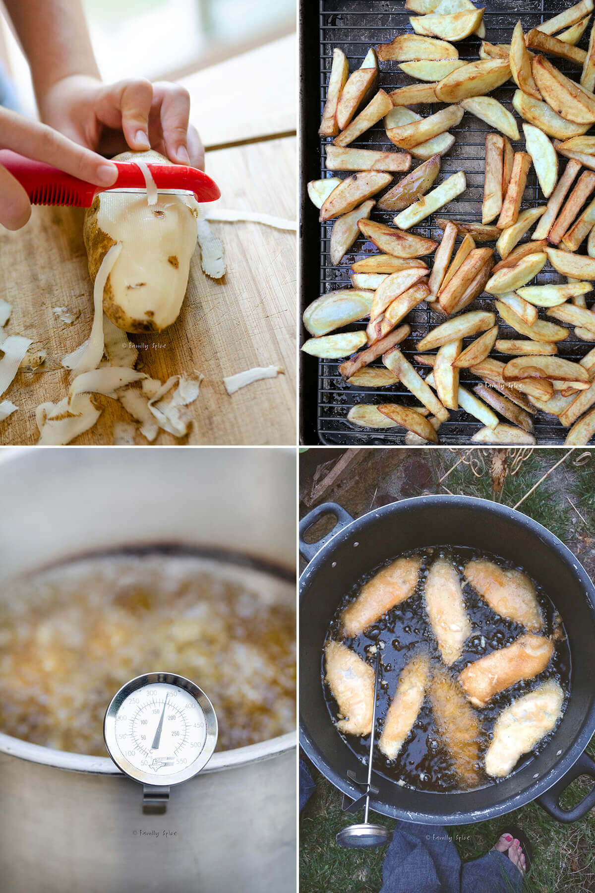 Collage of four photos showing how to make fish and chips.