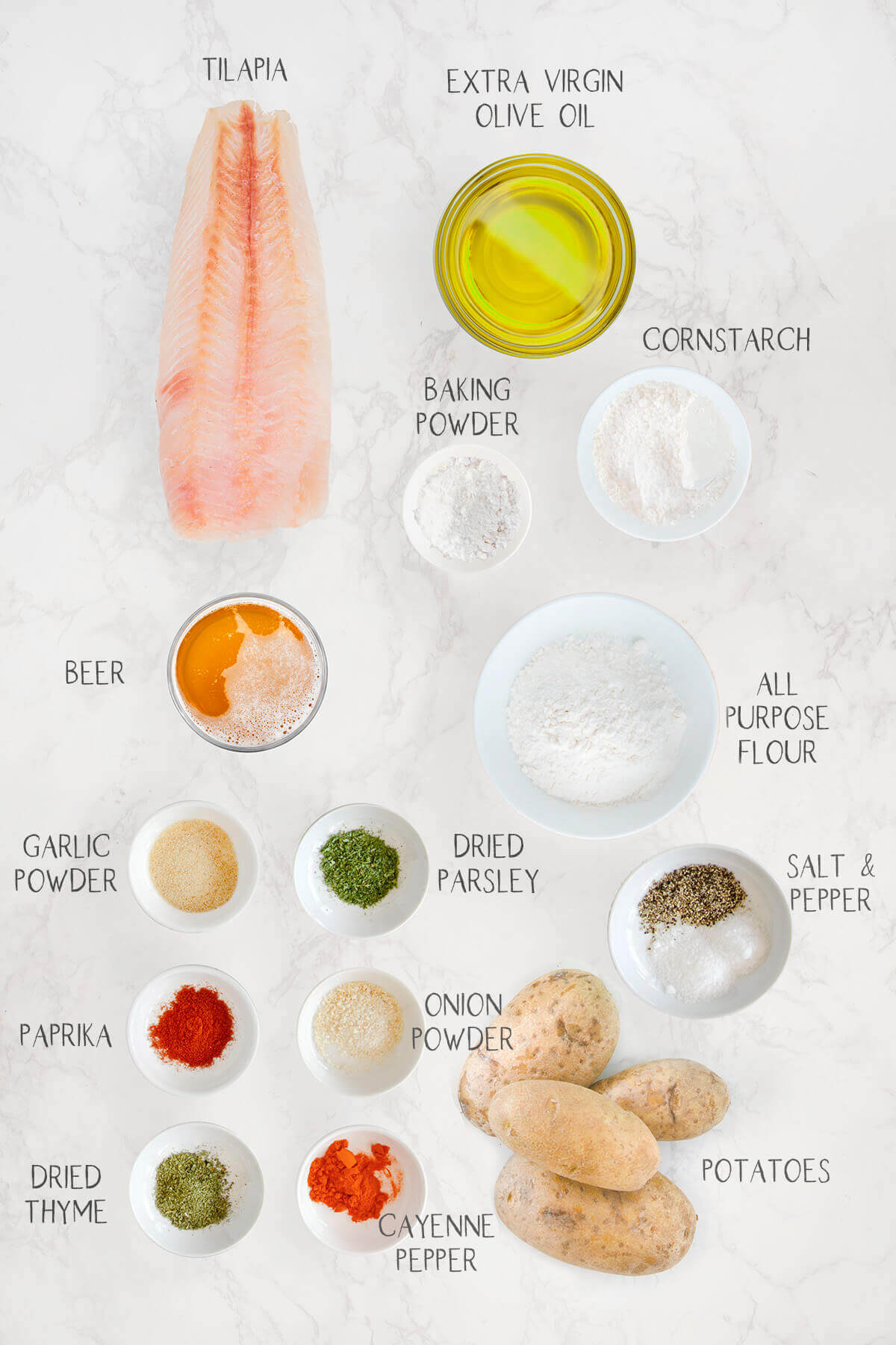 Ingredients labeled and needed to make beer battered fish and chips