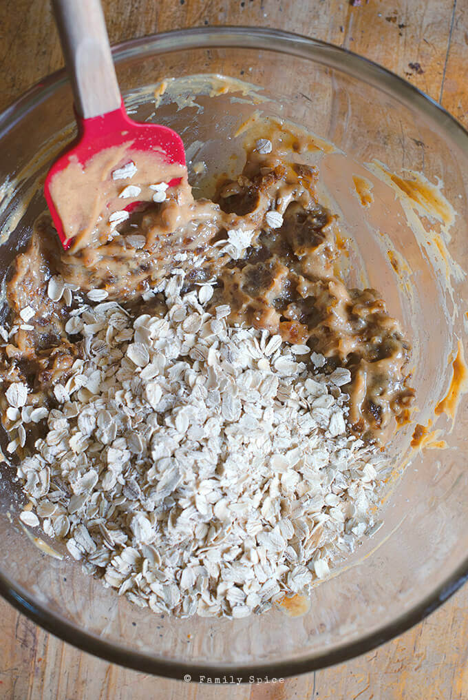 Mixing up Ingredients for Easy, No Bake Oatmeal Date Nut Bars by FamilySpice.com