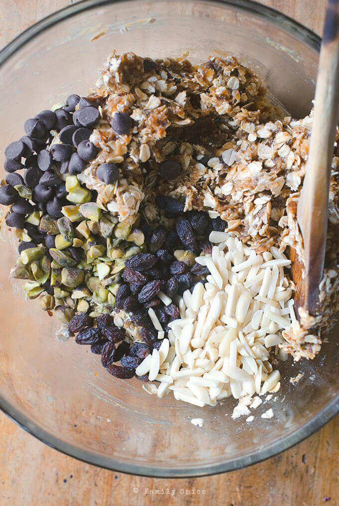 Mixing up Ingredients for Easy, No Bake Oatmeal Oatmeal Date Nut Bars by FamilySpice.com