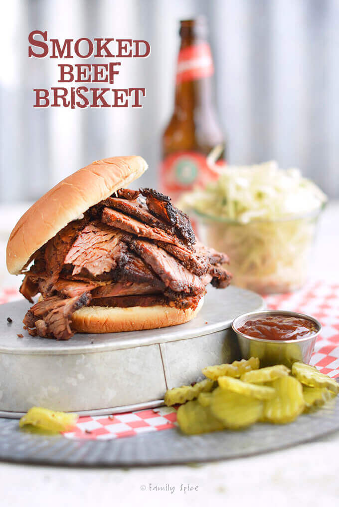 Smoked beef brisket sandwich with pickles by FamilySpice.com