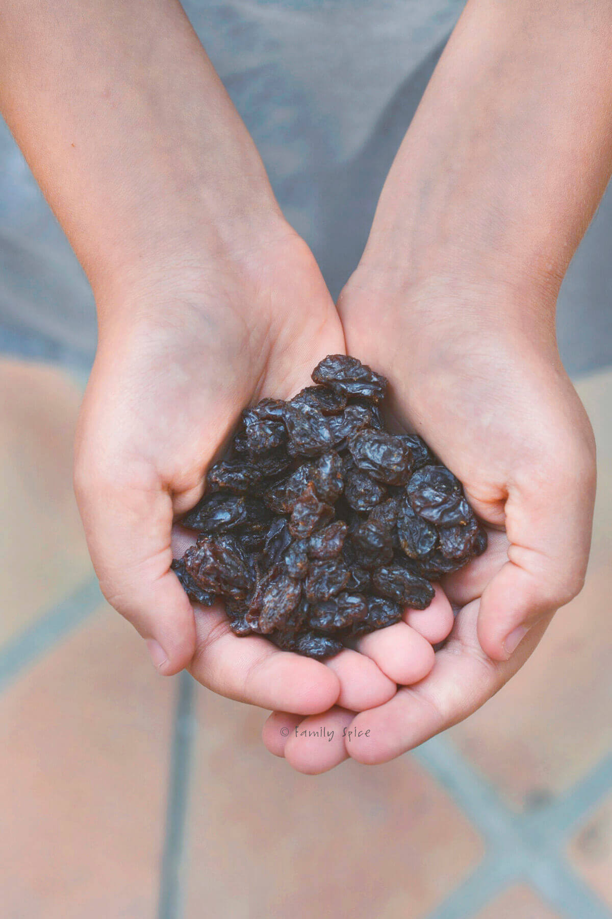 A child's hands holding raisins