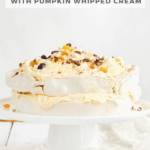 Two layer pumpkin spice pavlova stuffed with pumpkin whipped cream and topped with raisins and nuts by FamilySpice.com