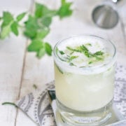 Side view of a vodka fizz garnished with fresh mint