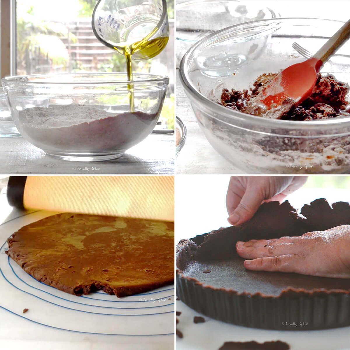 Collage of four images showing how to make chocolate olive oil pie crust.