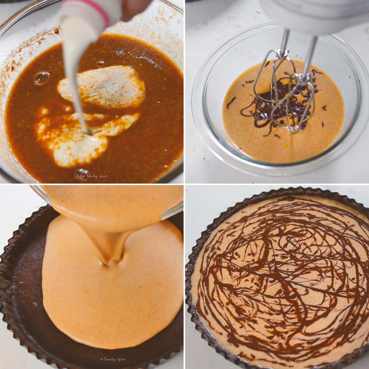 Collage of four images showing how to make chocolate pumpkin pie.