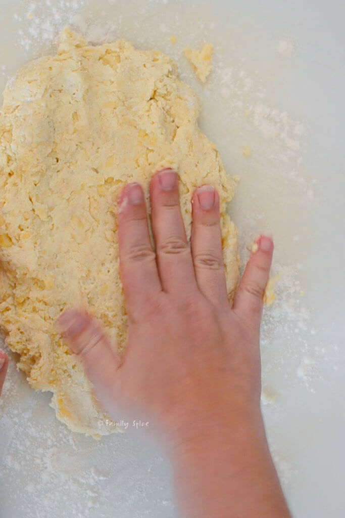 Forming olive oil scone dough into a rectangle