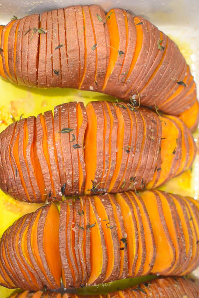 Hasselback sweet potatoes freshly roasted with olive oil