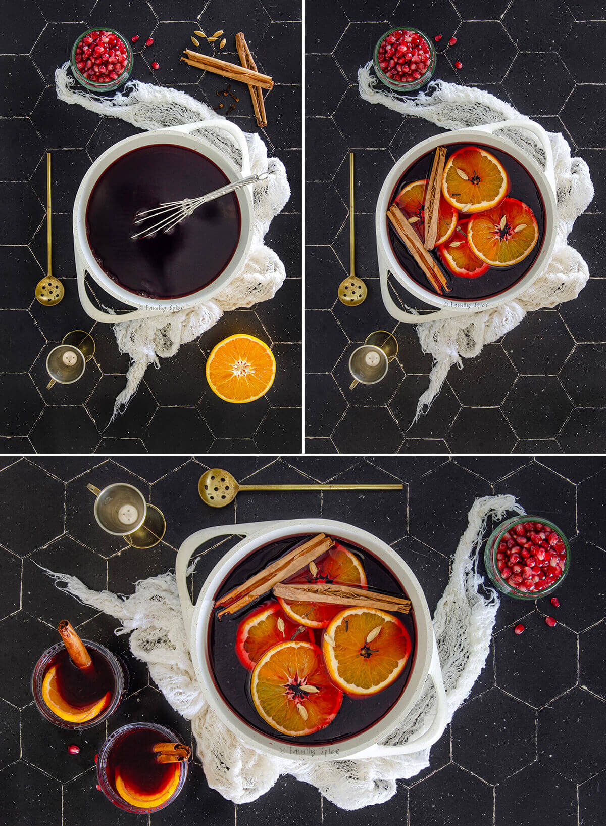 Collage of 3 photos showing how to make pomegranate mulled wine.