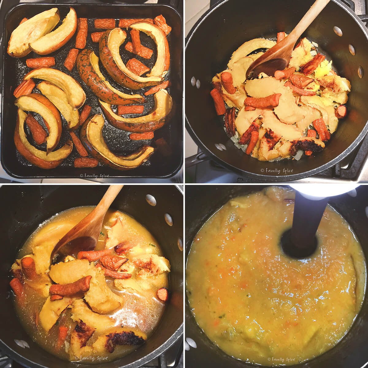 Collage of four images showing how to make acorn squash soup.