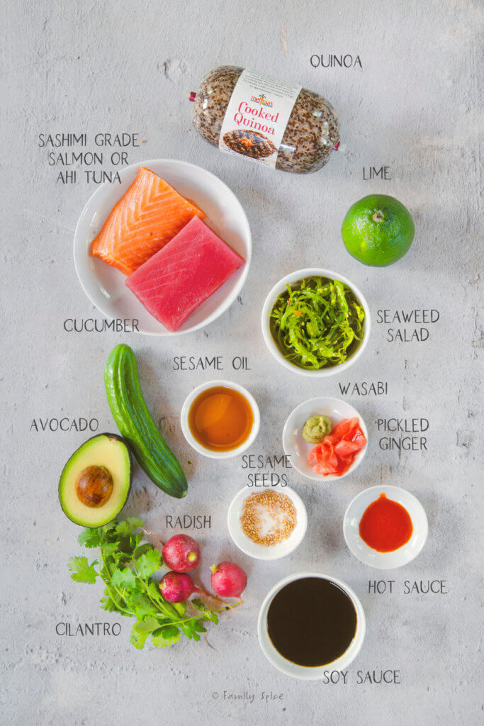 Ingredients labeled and needed to make a poke bowl