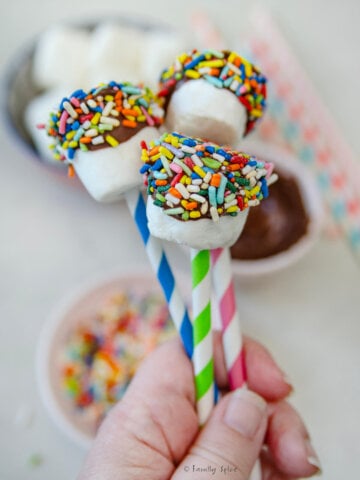 A hand holding colorful straws with marshmallows dipped in chocolate and rolled in sprinkles.