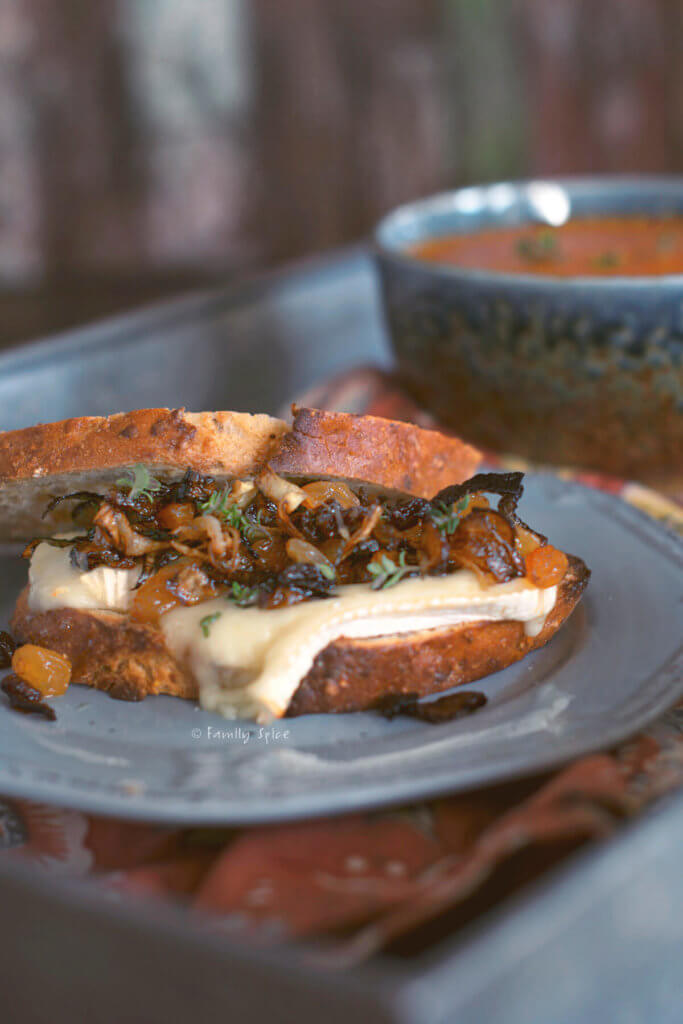 Closeup of a toasted brie sandwich with caramelized onions and raisins on a gray plate