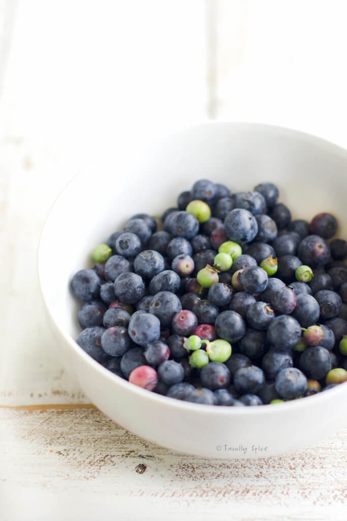 blueberries of various colors and sizes in a white bowl