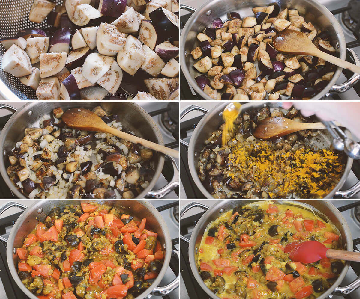 Collage of six images showing how to make Persian mirza ghassemi.