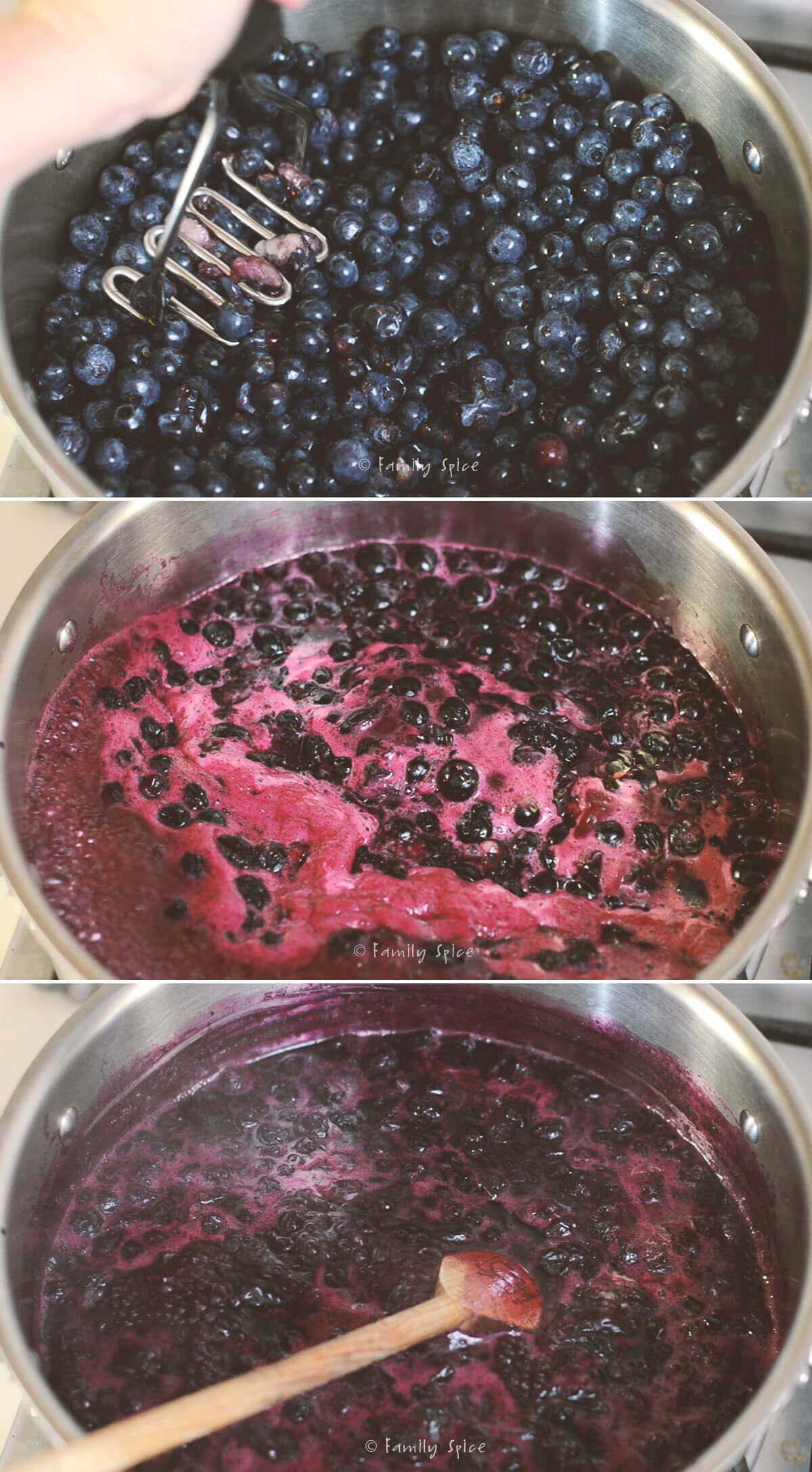 Collage of 3 pictures showing how to make blueberry jam with honey.