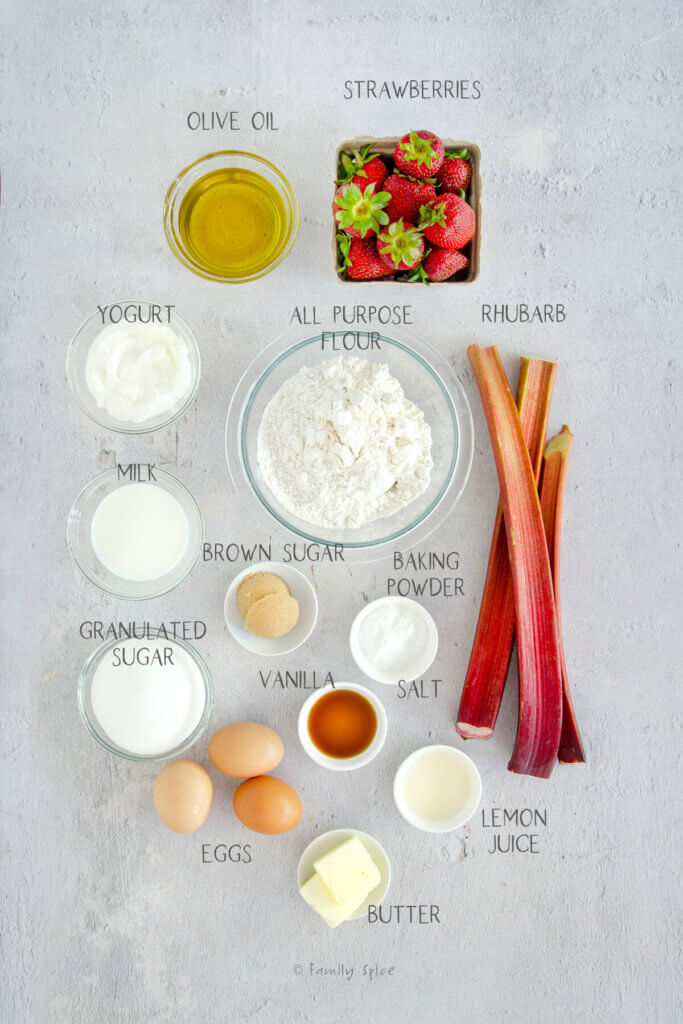 ingredients labeled and needed to make strawberry rhubarb upside down cake