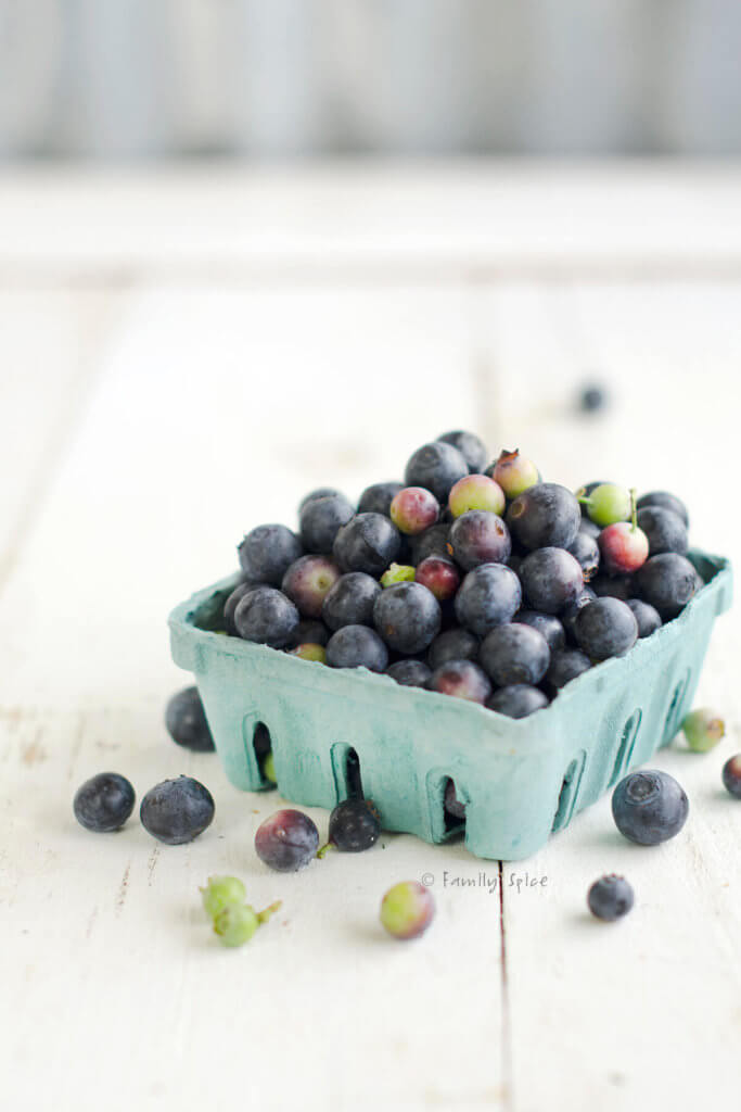 fresh blueberries in a green carton