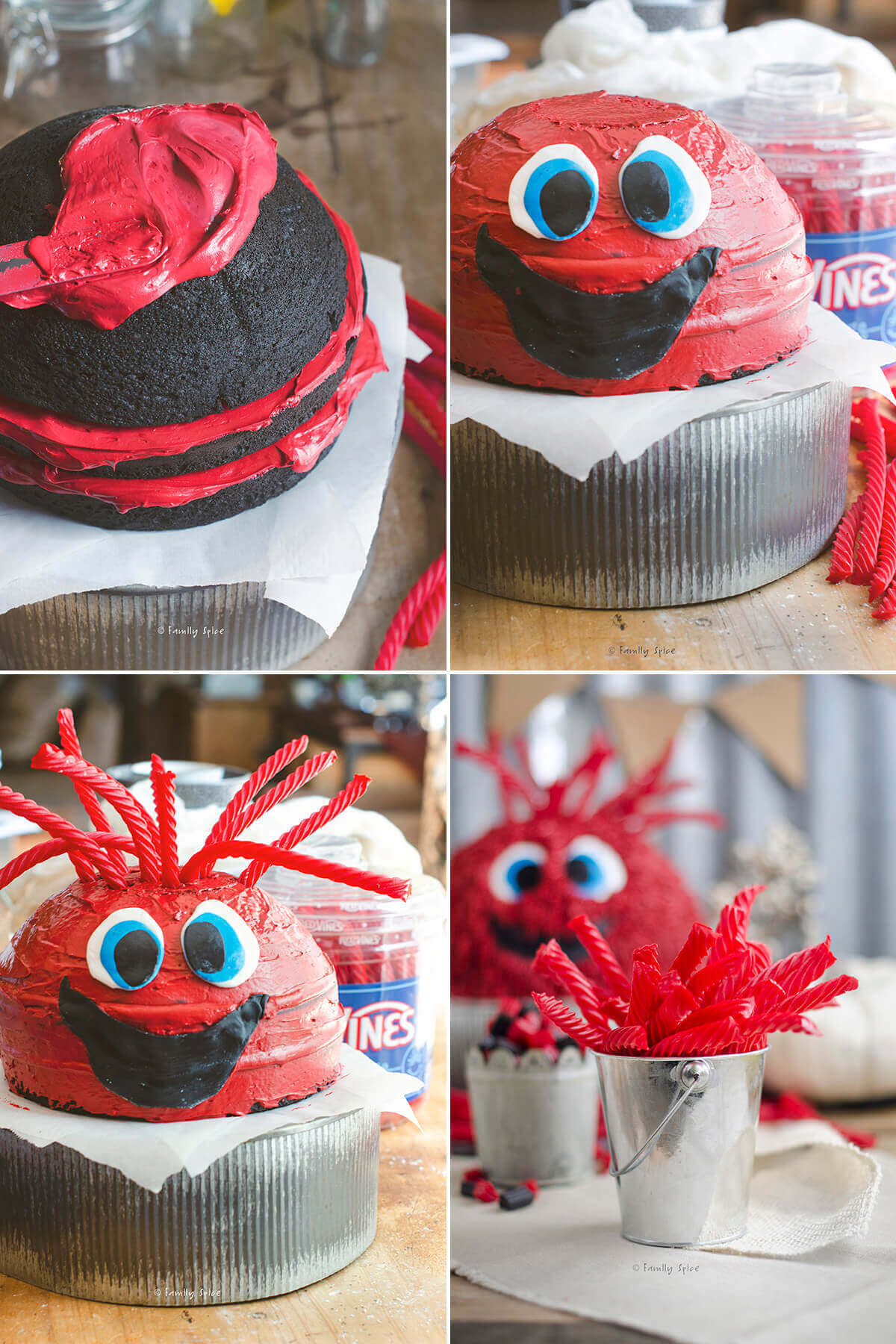 Collage of four images showing how to make a monster cake.