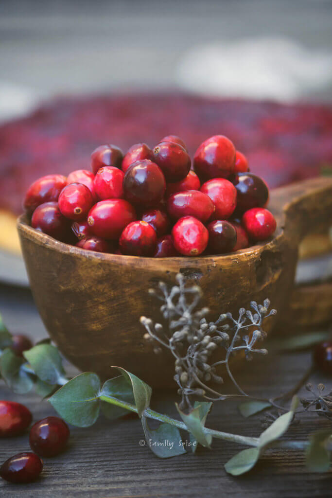 Closeup of a wooden bowl filled with fresh cranberries with cranberry cake behind it