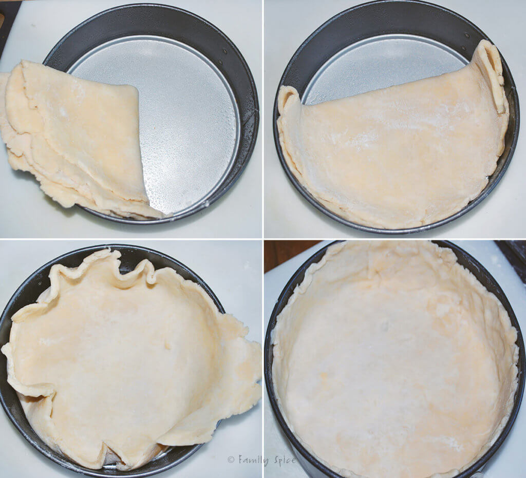 Collage showing how to add pie crust dough into a springform pan