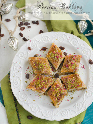 Persian Baklava with Raisins, Pistachios, Almonds and Rosewater - by FamilySpice.com