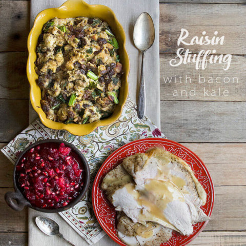 Raisin Stuffing with Bacon and Kale