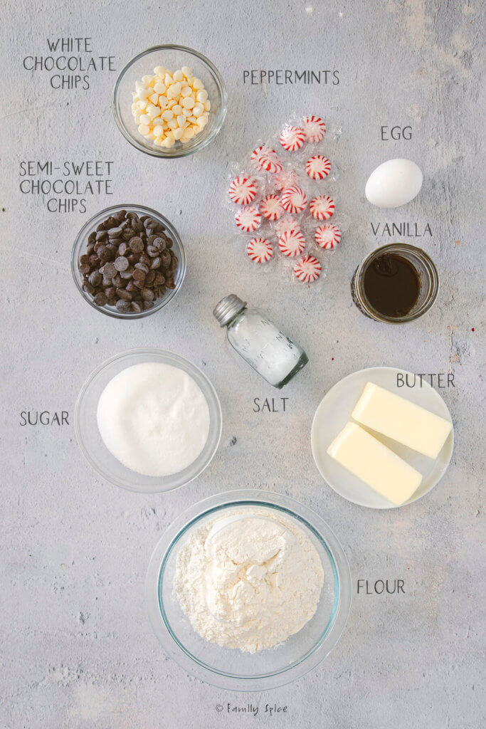 Ingredients labeled and needed to make Christmas shortbread peppermint bark cookies
