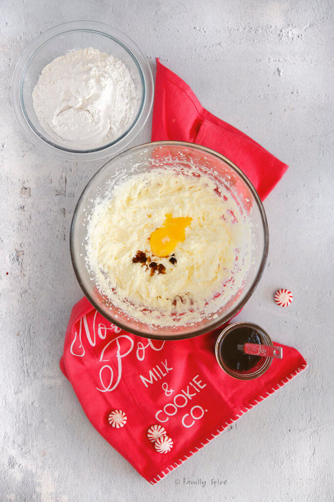 A bowl with creamed butter and sugar with vanilla extract and an egg yolk in it on a red kitchen towel