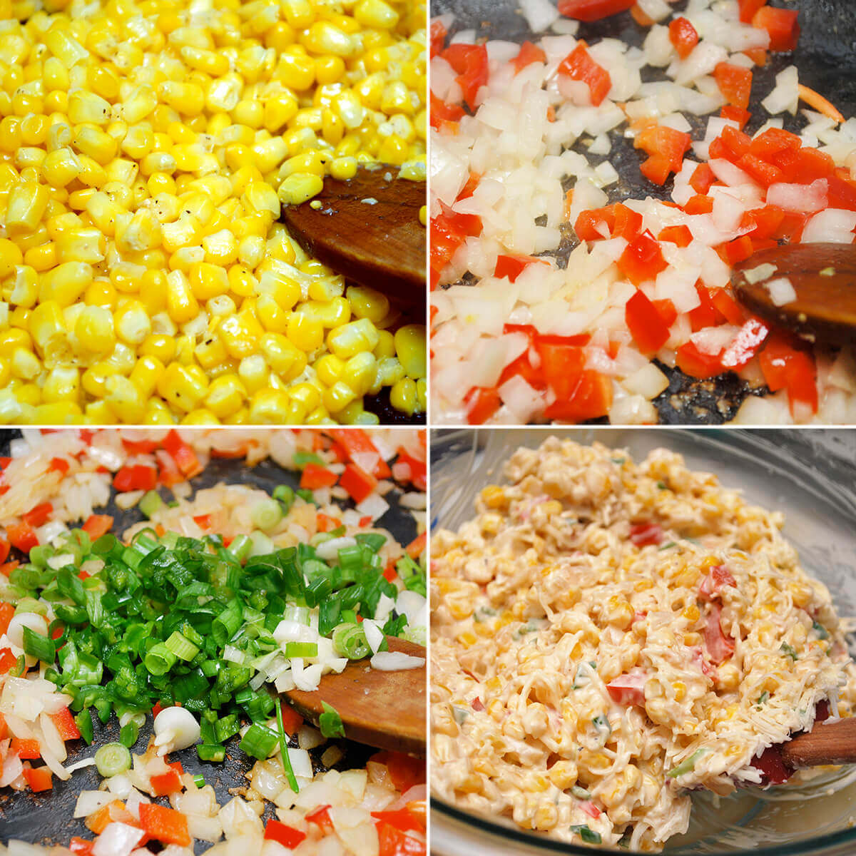 Collage of 4 pictures showing how to make hot corn dip