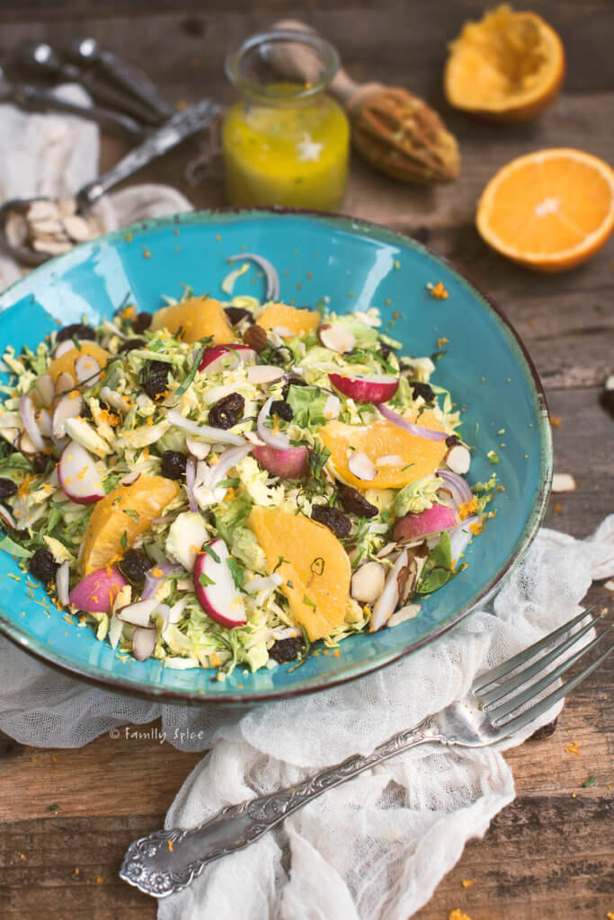 Closeup of a shaved brussels sprout salad with raisins and oranges