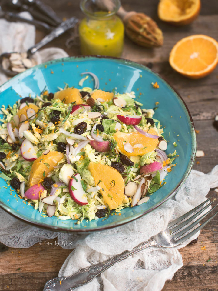 Closeup of a shaved brussels sprout salad with raisins and oranges