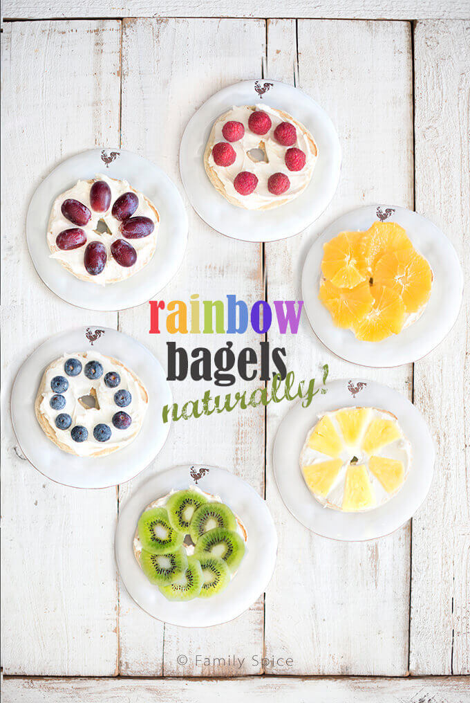 Overhead shot of rainbow bagels made with fresh fruit by FamilySpice.com
