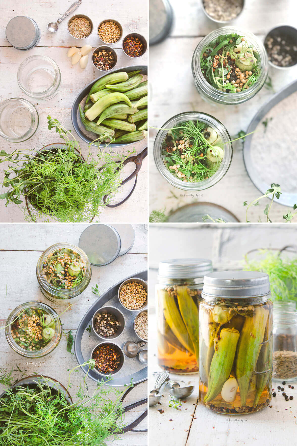 Collage of four photos showing how to make pickled okra.