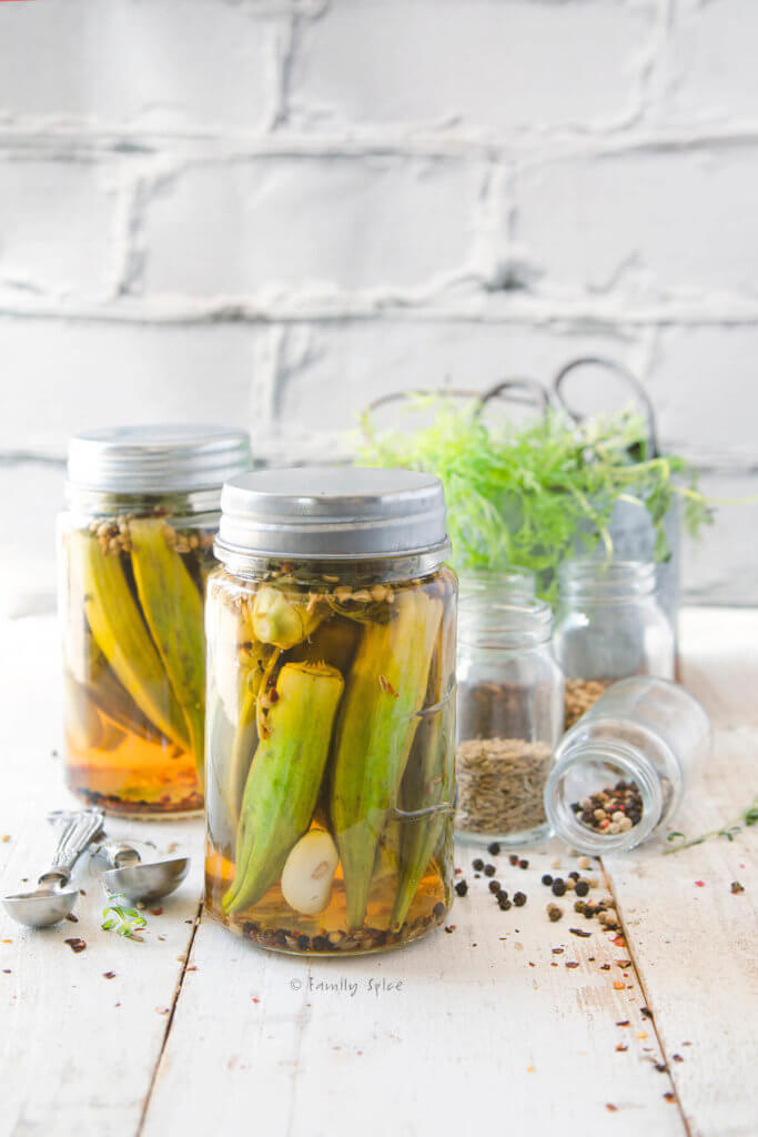 Two jars of pickled okra on a white background with fresh herbs and ingredients behind it