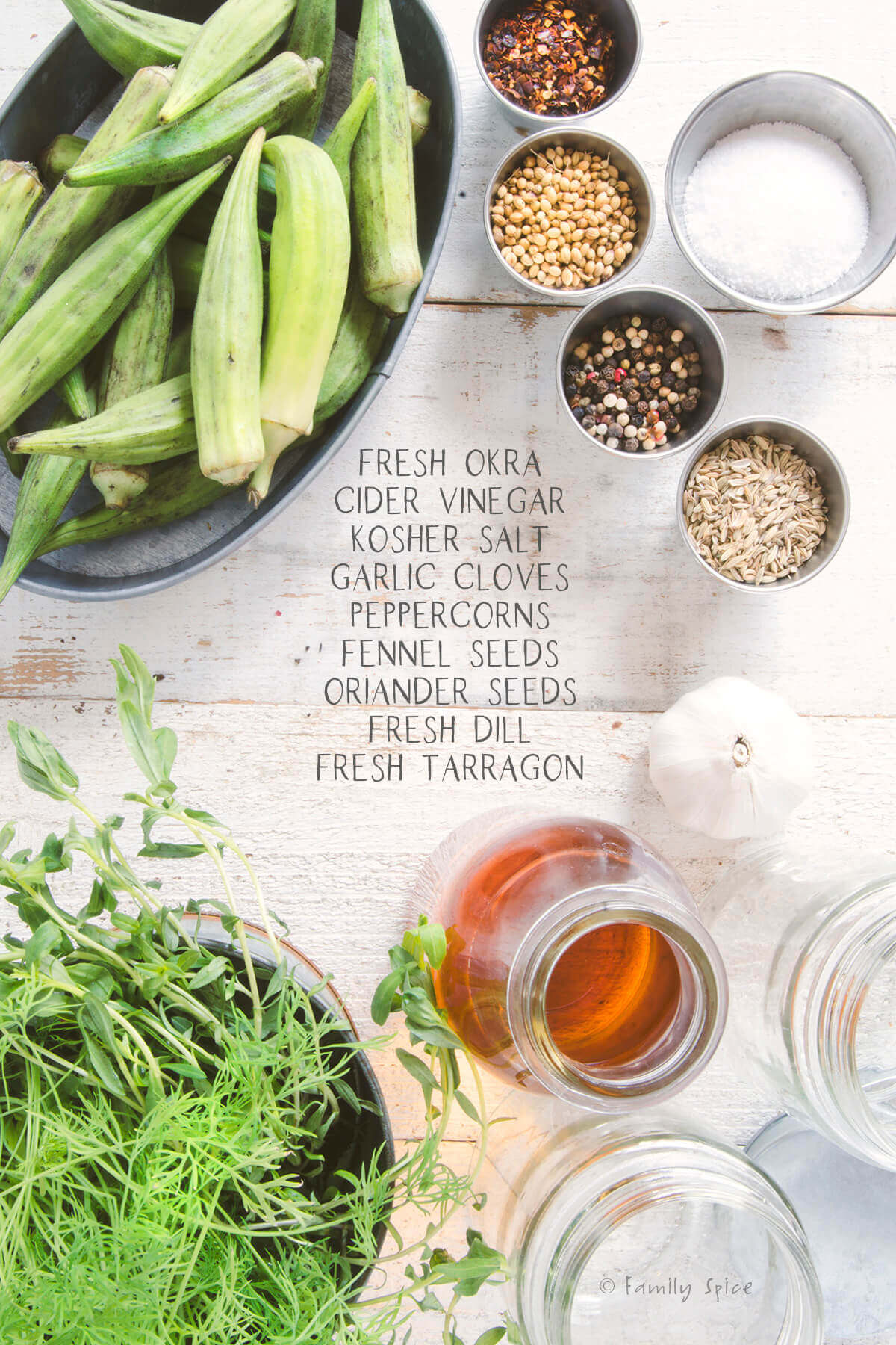 Ingredients labeled and needed to make pickled okra