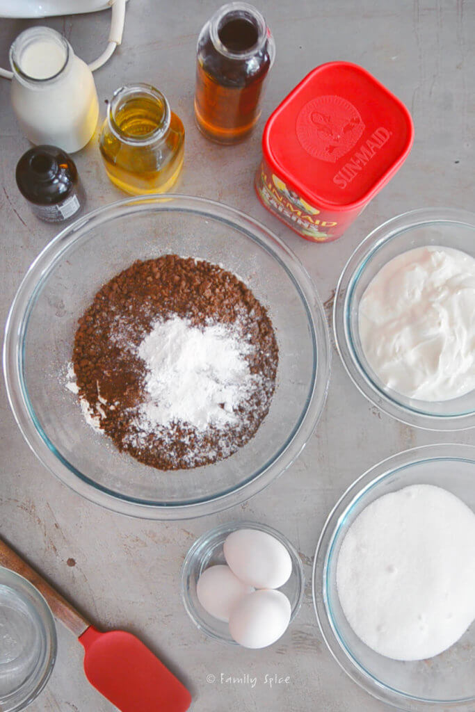 Cocoa powder, flour and other dry ingredients in a mixing bowl
