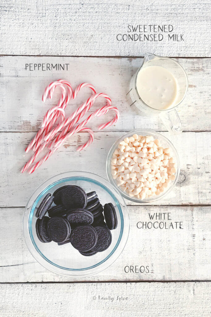 Labeled ingredients to make peppermint oreo fudge