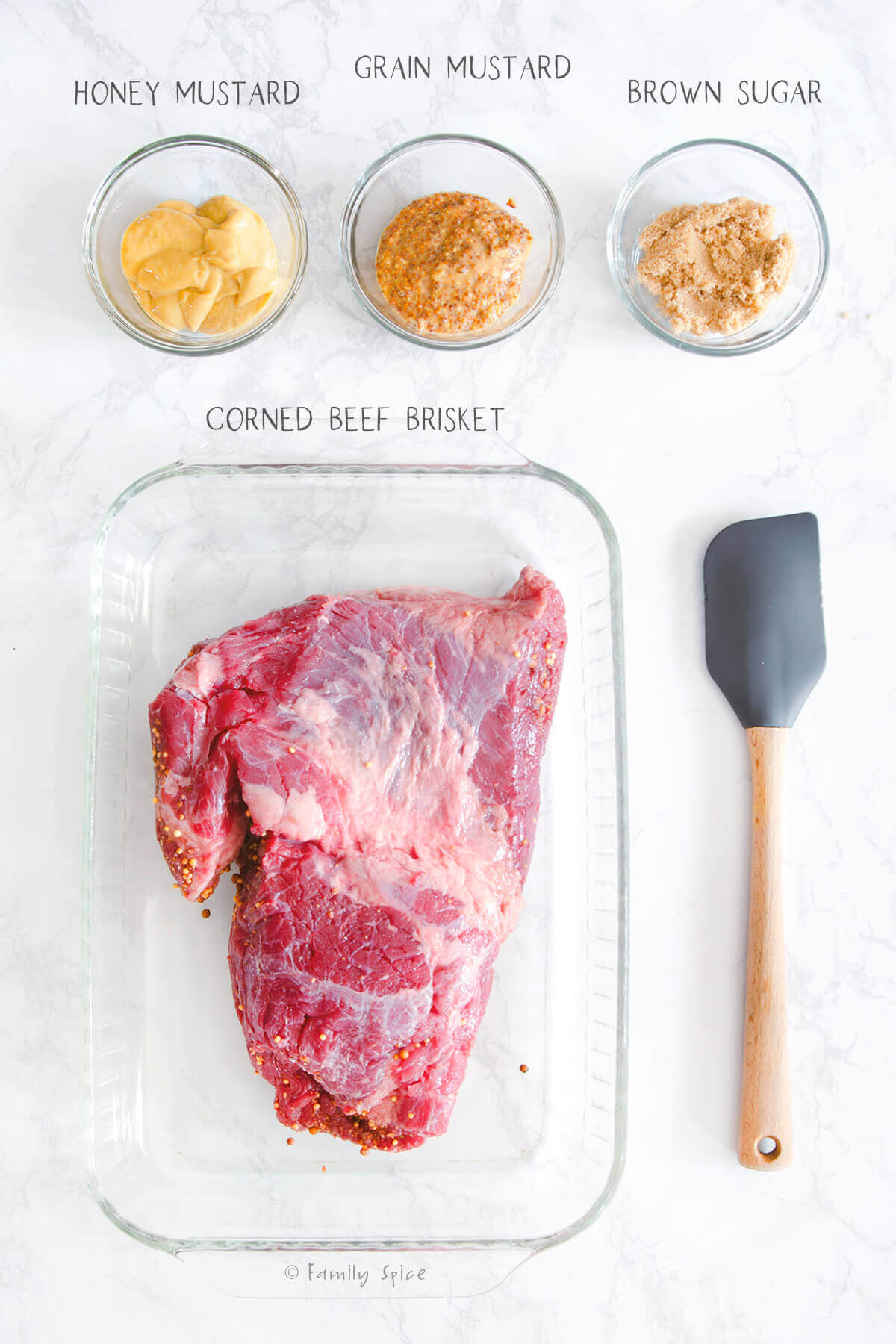 Ingredients labeled and needed for baked corned beef with mustard