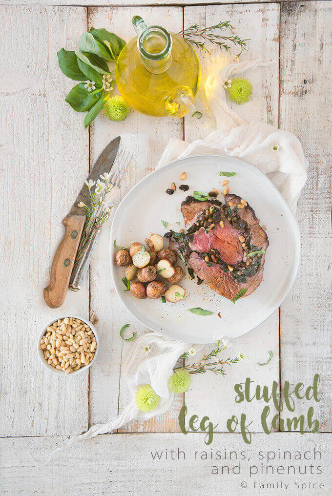 Stuffed Leg of Lamb with Raisins, Spinach and Pine Nuts by FamilySpice.com