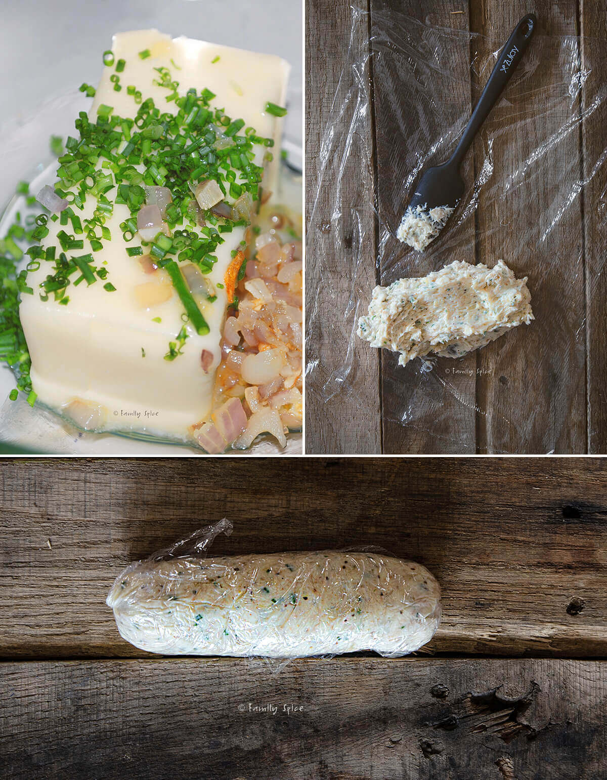 Collage of 3 images showing how to make compound butter.