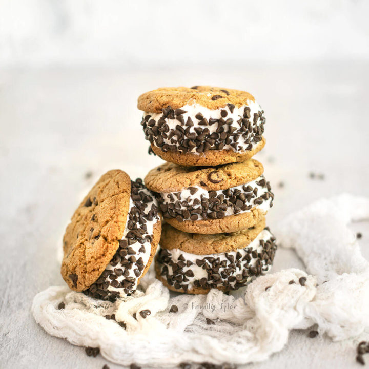 A stack of chocolate chip ice cream sandwiches (homemade chipwich)