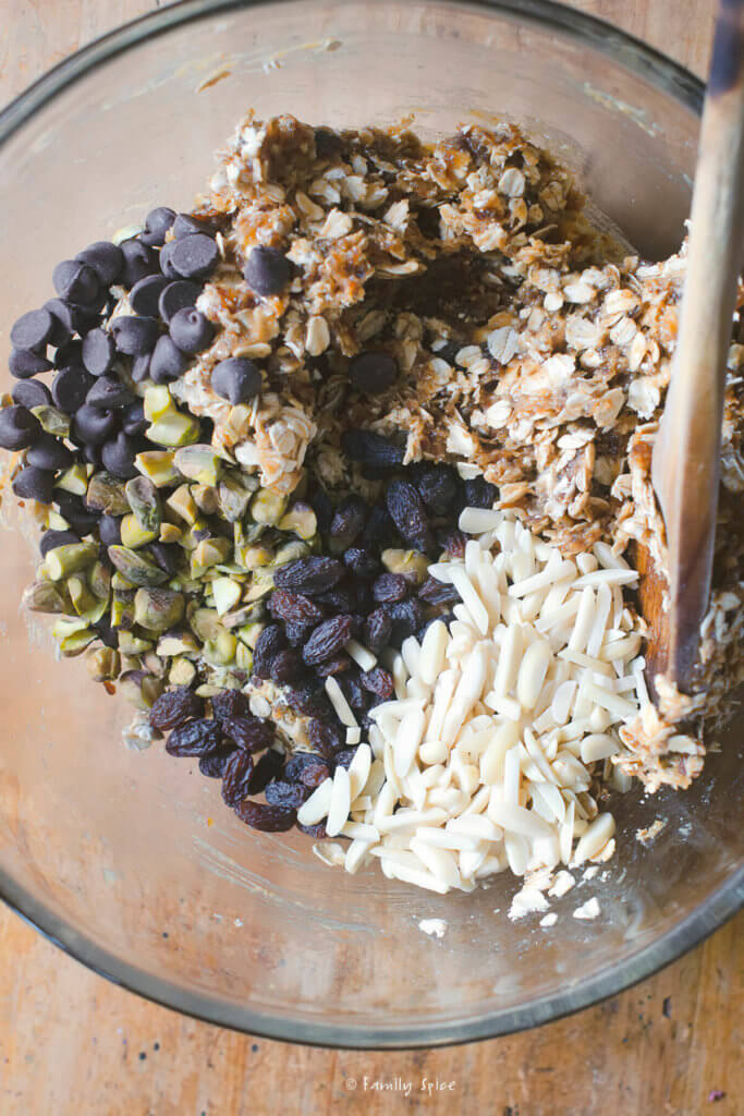 Ingredients in a mixing bowl needed to make date nut bars