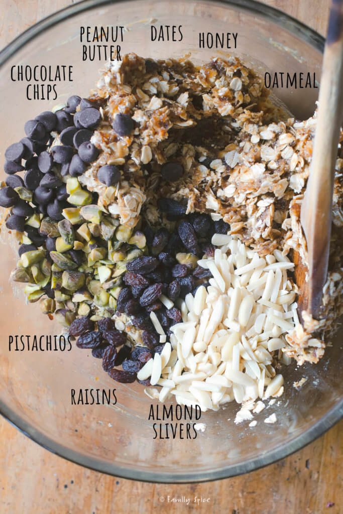 Ingredients in a mixing bowl labeled and needed to make date nut bars