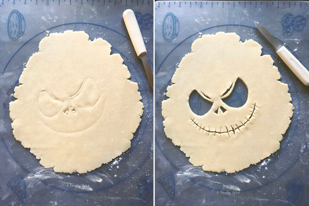Collage of 2 photos: one show a pie dough with jack skellington face outlined and the other cut out