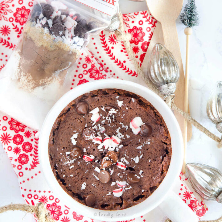 Top view of a peppermint chocolate mug cake baked in the microwave