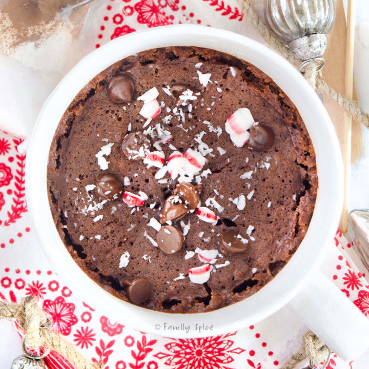 Top view of a peppermint chocolate mug cake baked in the microwave by FamilySpice.com