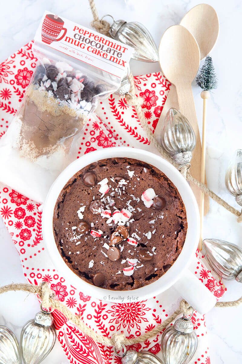 Top view of a peppermint chocolate mug cake baked in the microwave by FamilySpice.com